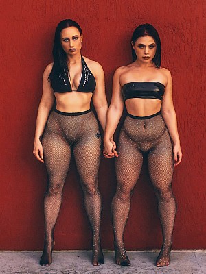Two curvy women in fishnet pantyhose